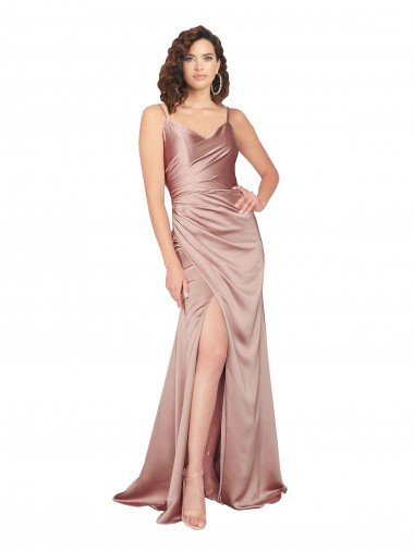 Cheap Floor Length Silky Satin Prom Dress with Front Skirt Slit UK