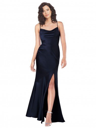 Cheap Draped Cowl Neck Silky Satin Prom Dress with Skirt Slit UK