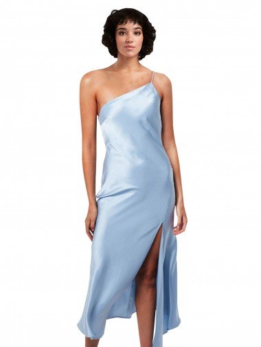Cheap Midi Length Short Silky Satin Cocktail Prom Dress / Homecoming Dress with Asymmetric Neckline and High Side Split UK