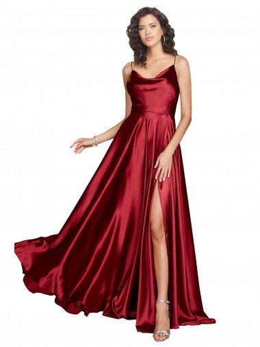 Cheap Cowl Neckline Long Silky Satin Prom Dress with Spaghetti Straps UK