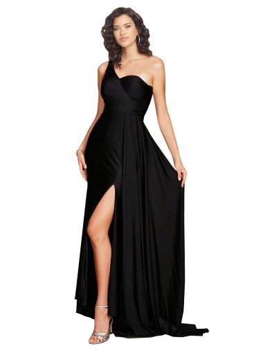 Cheap Floor Length One Shoulder Silky Satin Prom Dress with Side Slit UK