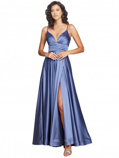Cheap Deep V-Neck Sweetheart Long Silky Satin Prom Dress with Thigh High Slit UK